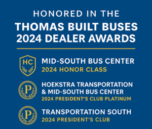 Graphic highlighting Thomas Built Buses 2024 Dealer Awards received by Hoekstra Transportation and Mid-South Bus Center.